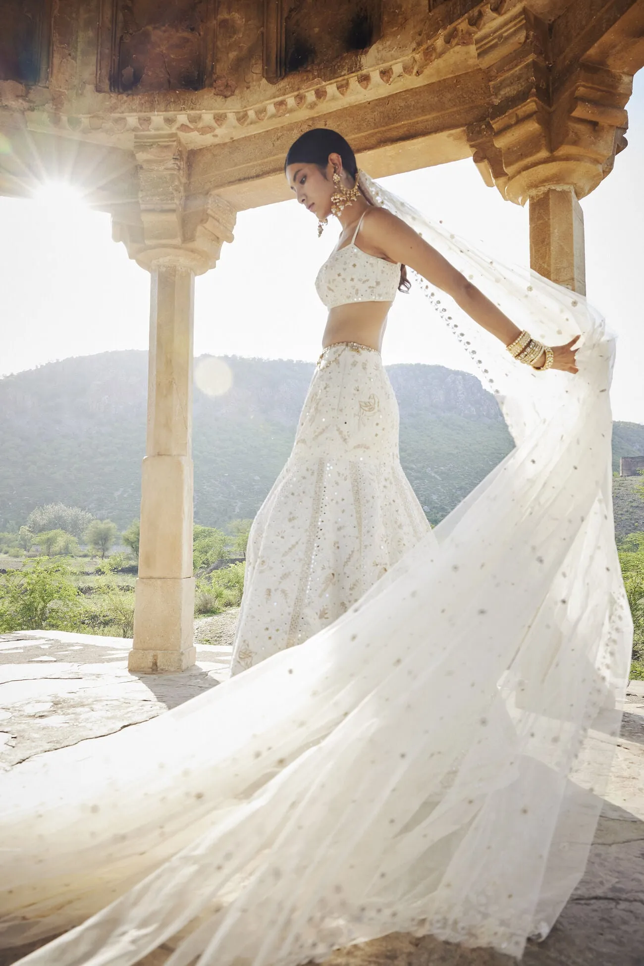 NAYAAB MIRROR & ZARDOZI SILK SKIRT SET - IVORY