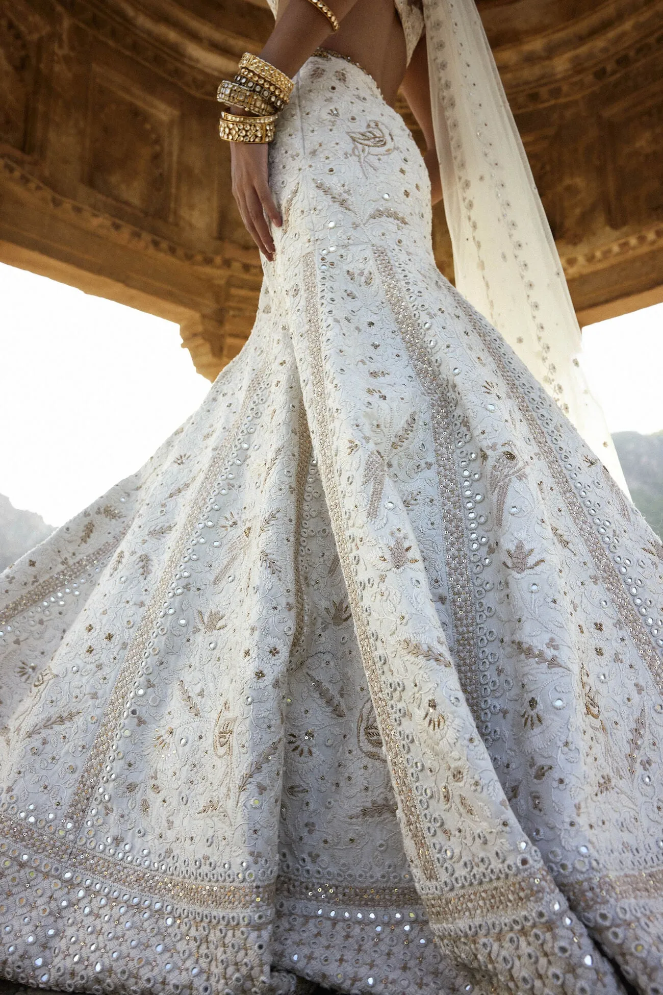 NAYAAB MIRROR & ZARDOZI SILK SKIRT SET - IVORY