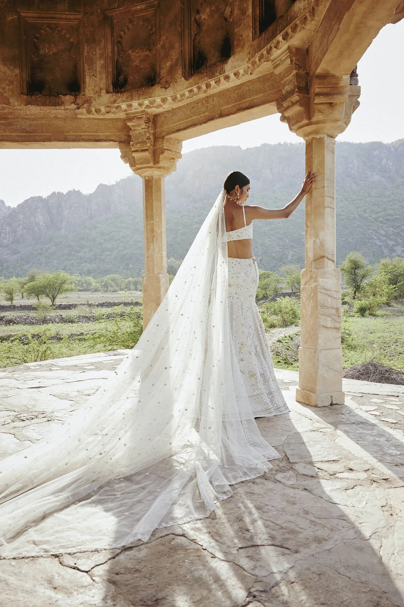 NAYAAB MIRROR & ZARDOZI SILK SKIRT SET - IVORY