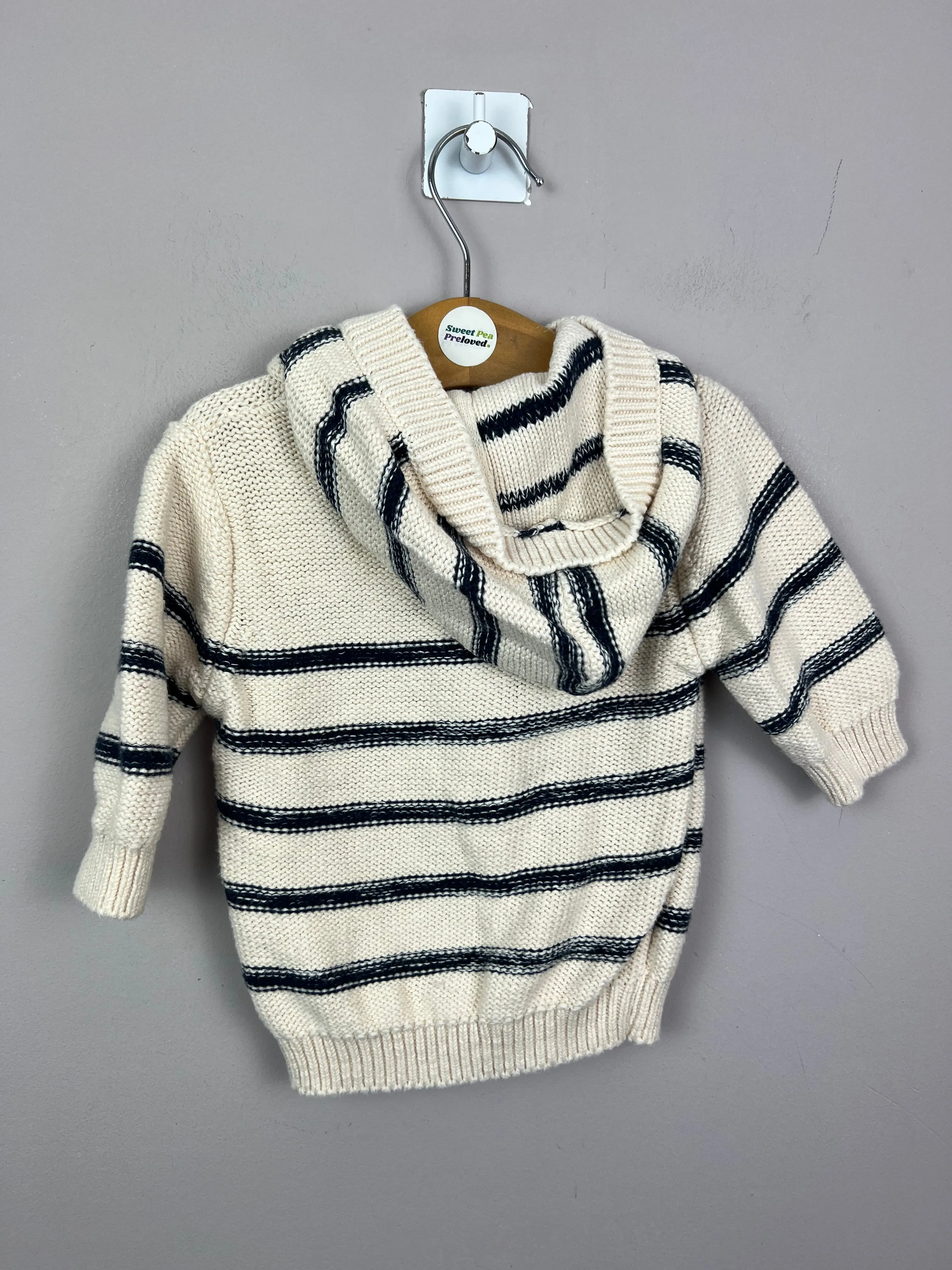Next Cream/Navy Stripe hooded cardigan 0-3m