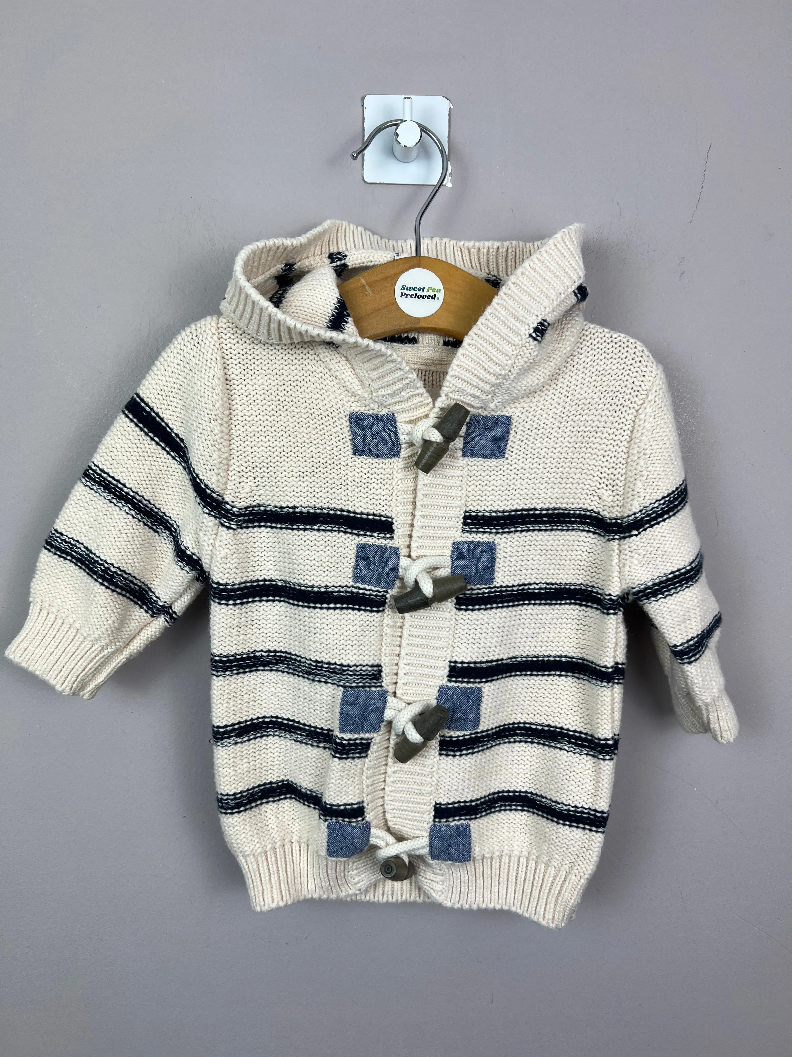 Next Cream/Navy Stripe hooded cardigan 0-3m