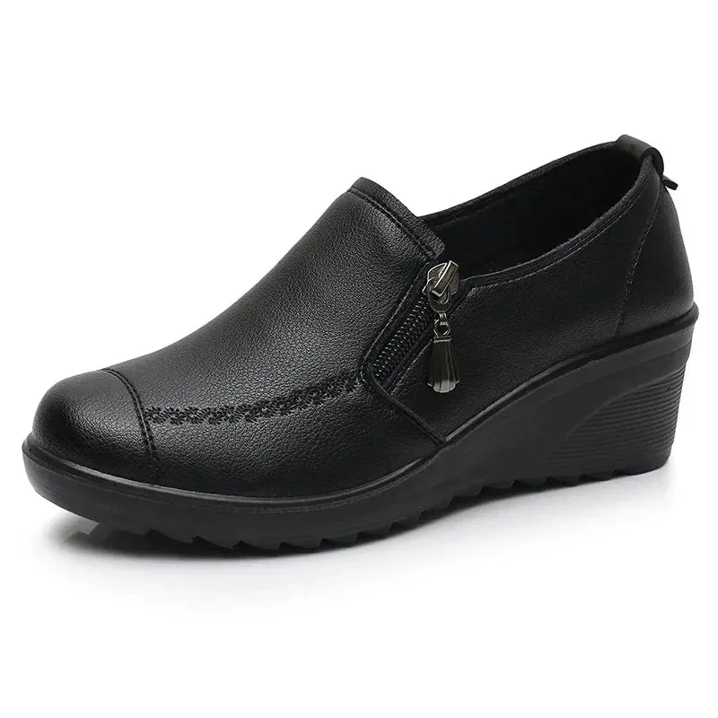 Ngouxm Spring Autumn Women Pumps Wedges Shoes Woman Genuine Leather Casual Shoes Mother High Heels Shoes