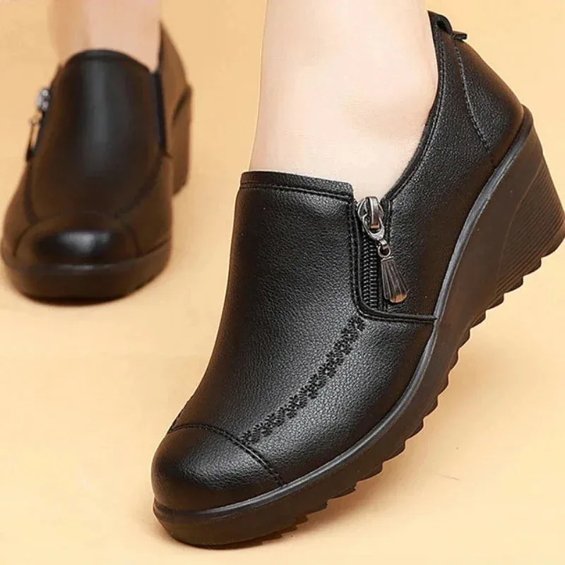 Ngouxm Spring Autumn Women Pumps Wedges Shoes Woman Genuine Leather Casual Shoes Mother High Heels Shoes