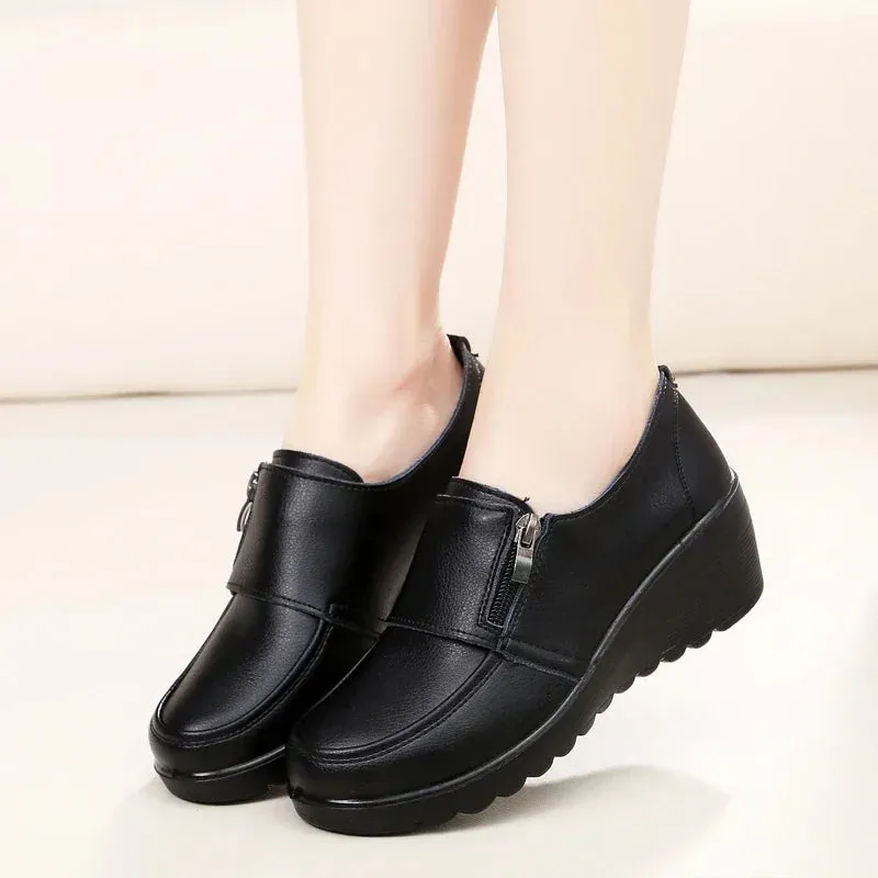 Ngouxm Spring Autumn Women Pumps Wedges Shoes Woman Genuine Leather Casual Shoes Mother High Heels Shoes