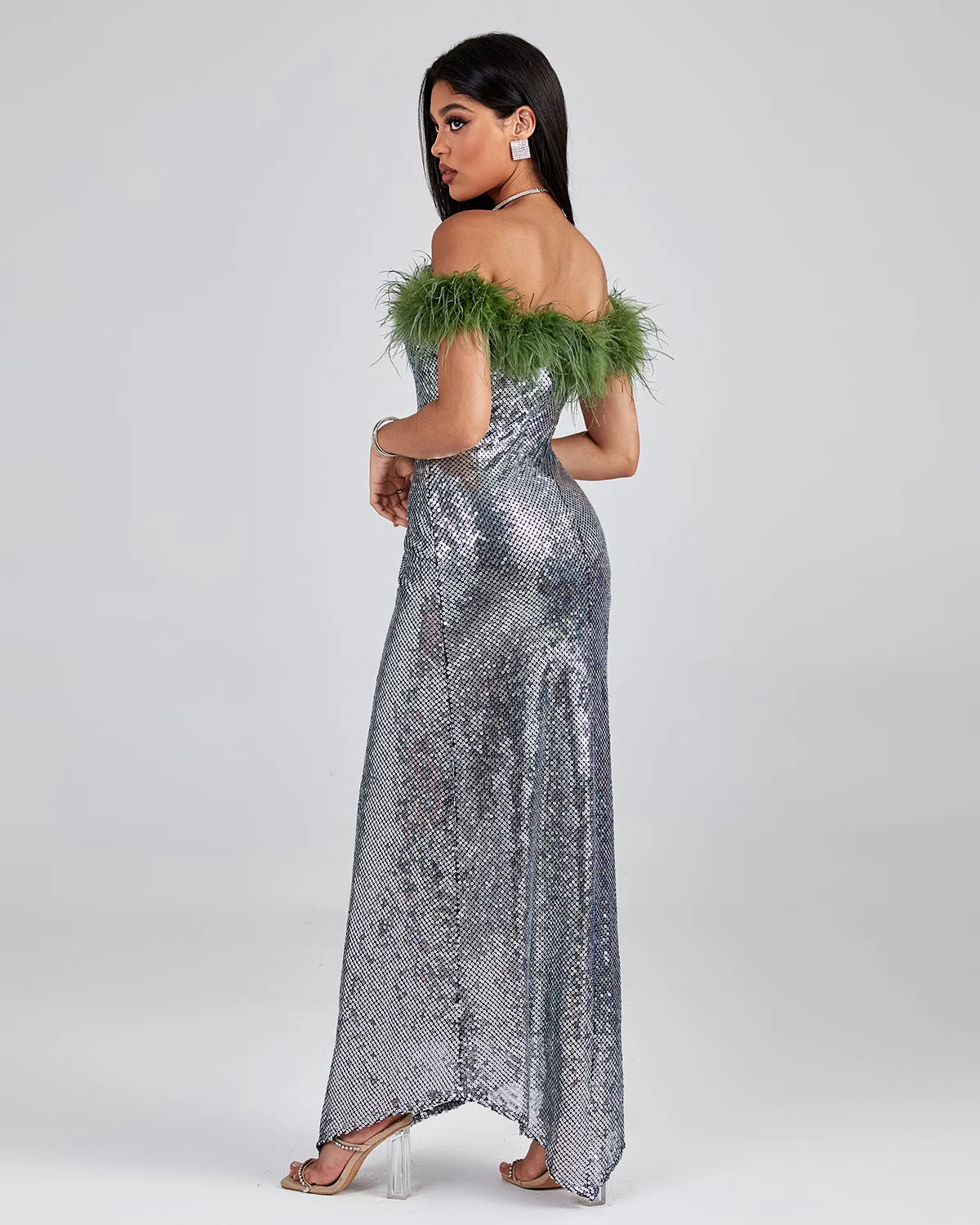 Off Shoulder Feather Sequin Maxi Dress