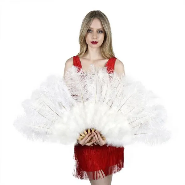 Ostrich Feather Fan with Marabou - White