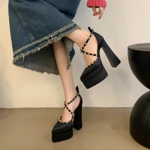 Pointed Rivets Chunky Heel Satin Wedding Cocktail 15cm Double Waterproof Platform with Shoes Heels