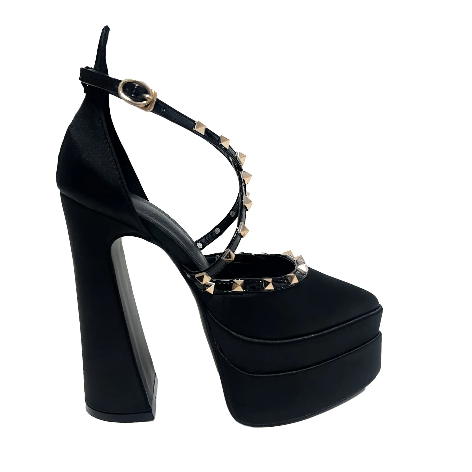 Pointed Rivets Chunky Heel Satin Wedding Cocktail 15cm Double Waterproof Platform with Shoes Heels