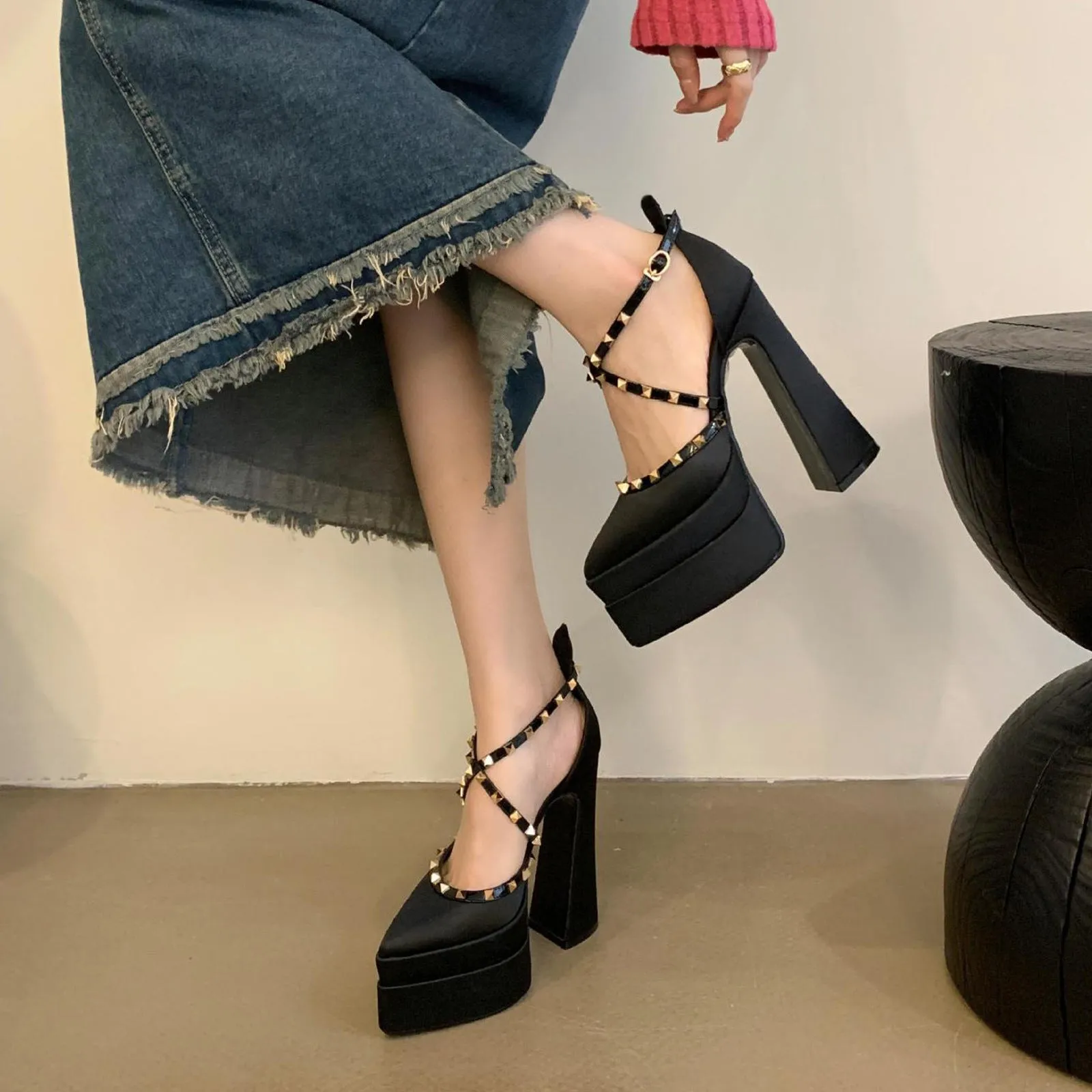 Pointed Rivets Chunky Heel Satin Wedding Cocktail 15cm Double Waterproof Platform with Shoes Heels
