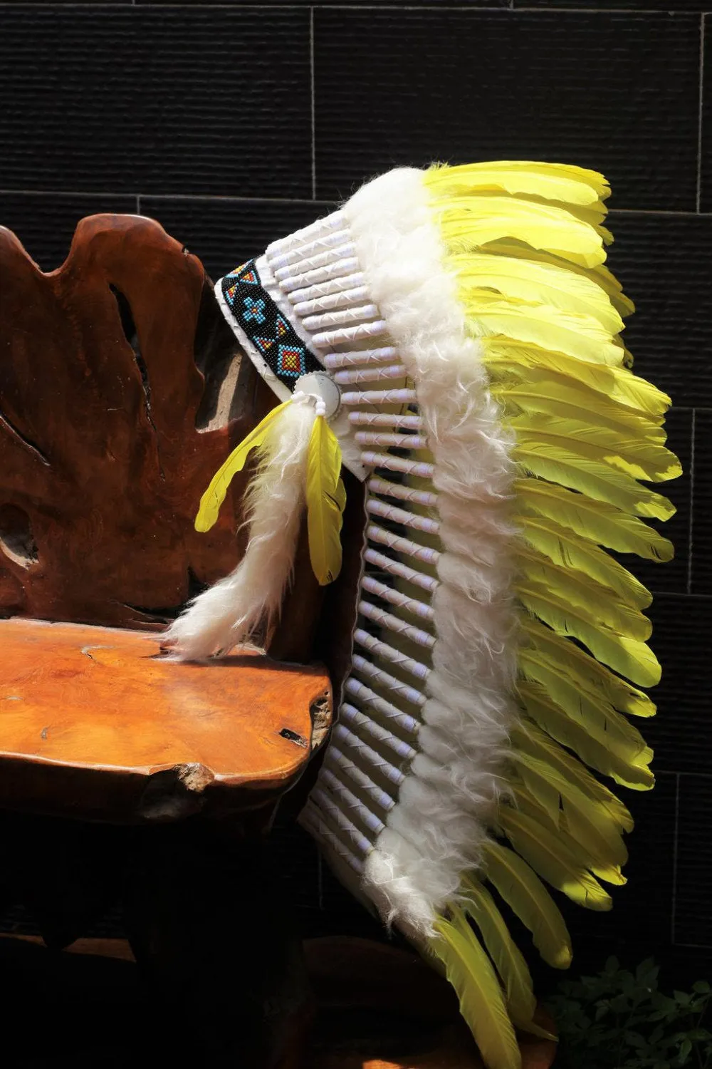 PRICE REDUCED Y32 Medium  Yellow  Feather Headdress / Native American Style Warbonnet (36  inch long ).