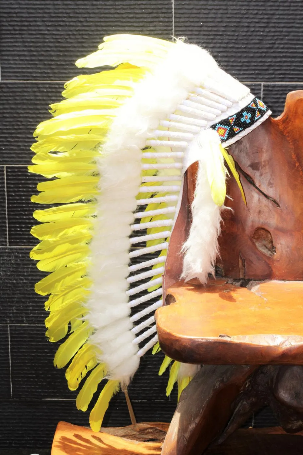 PRICE REDUCED Y32 Medium  Yellow  Feather Headdress / Native American Style Warbonnet (36  inch long ).
