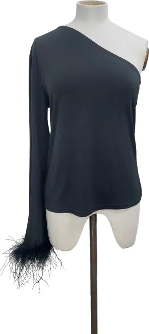 River Island Black One Shoulder Feather Trimmed Top UK 8