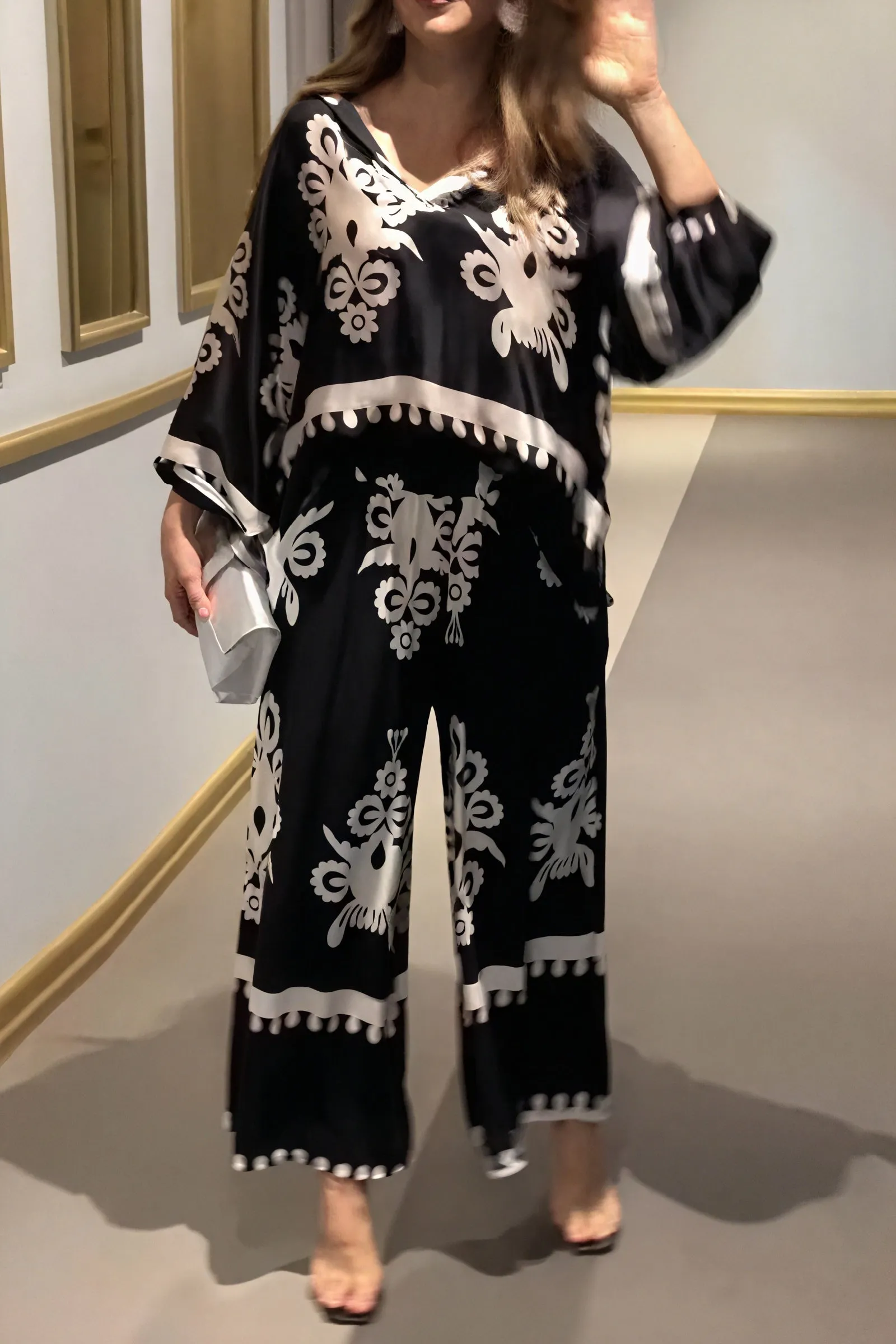 Silky Floral Lounge Set with Wide-Leg Pants