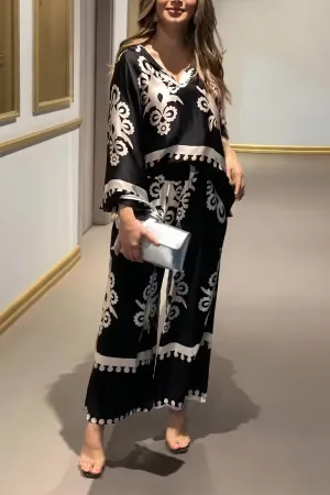 Silky Floral Lounge Set with Wide-Leg Pants