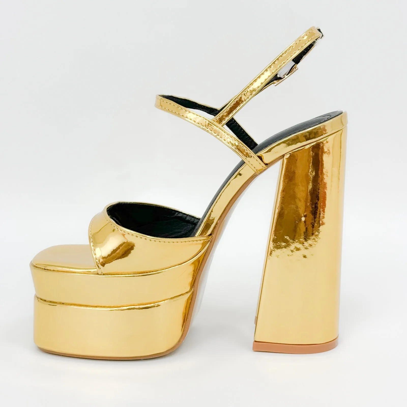 Thick High Heel Gold Silver One Word Waterproof Platform Square Toe Platform Size Shoes
