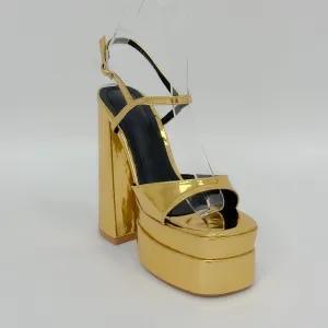 Thick High Heel Gold Silver One Word Waterproof Platform Square Toe Platform Size Shoes