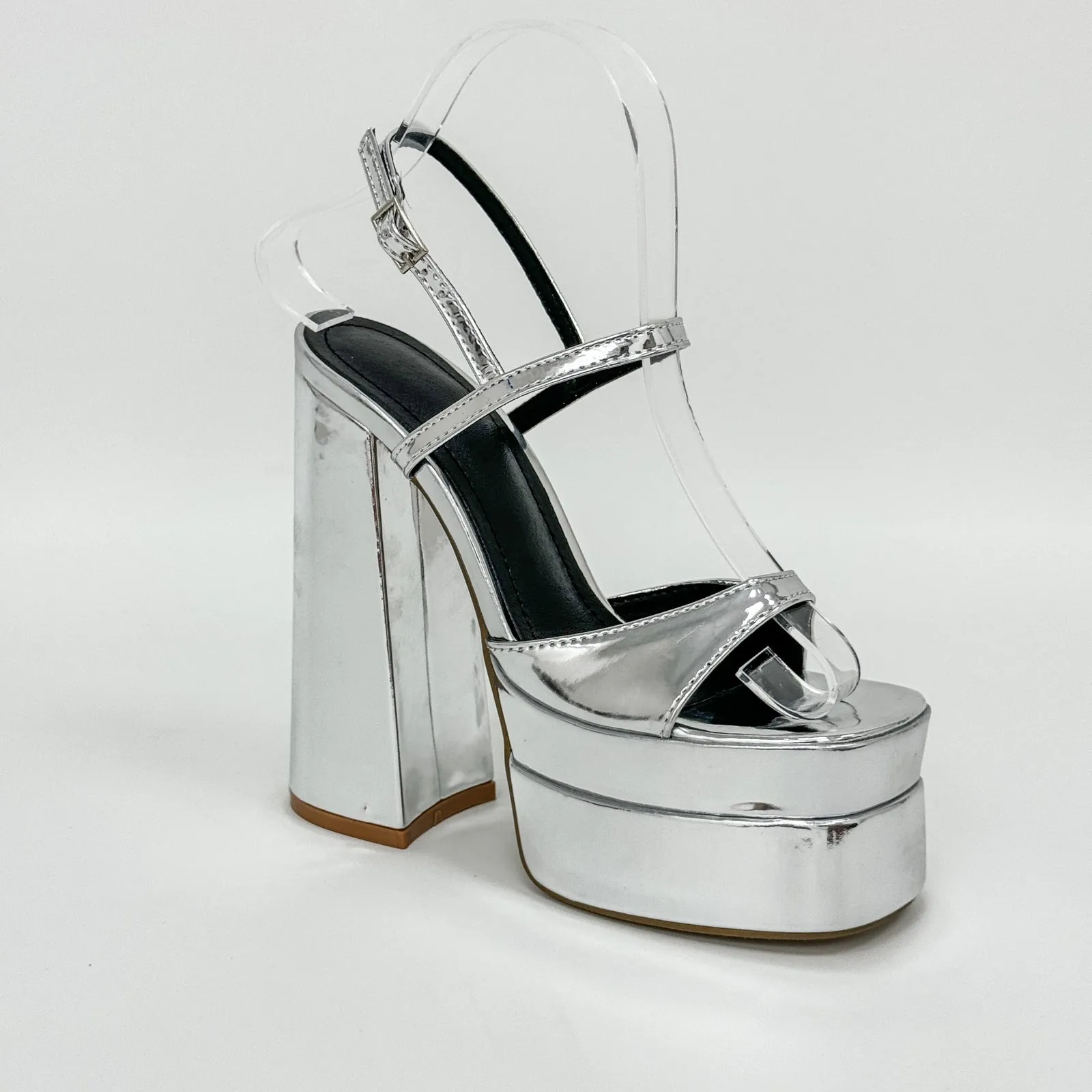 Thick High Heel Gold Silver One Word Waterproof Platform Square Toe Platform Size Shoes