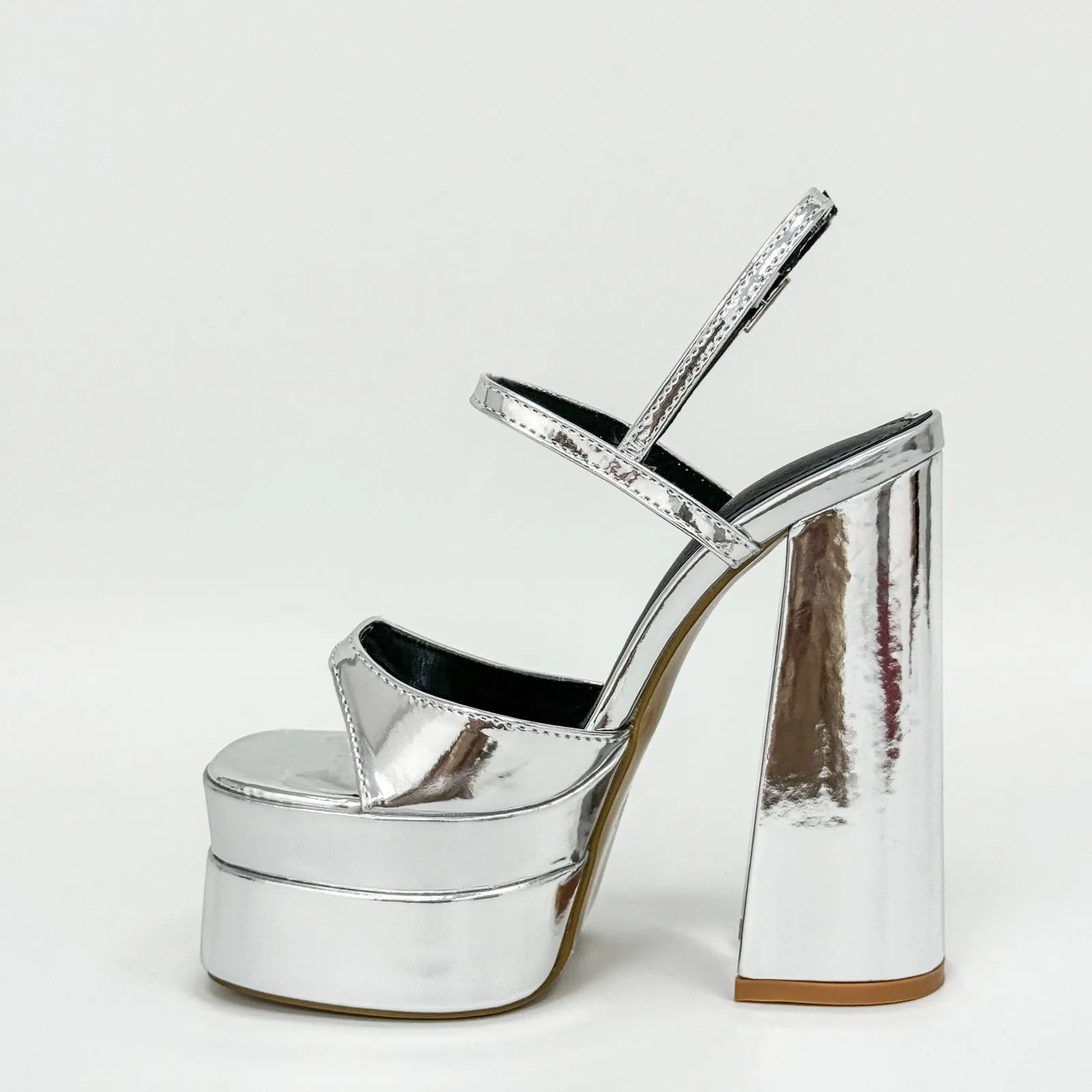 Thick High Heel Gold Silver One Word Waterproof Platform Square Toe Platform Size Shoes