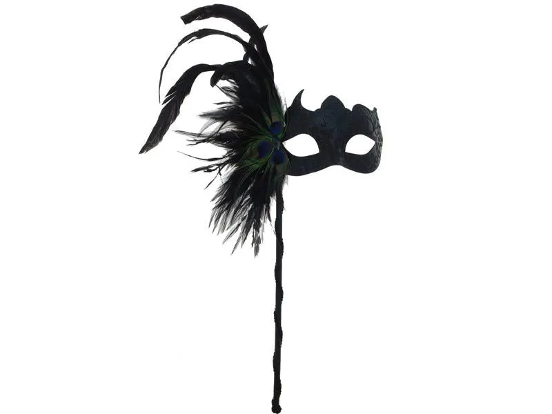 Venetian Mask with Feathers Aside on a Stick - Black