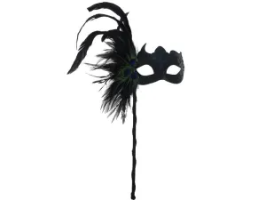 Venetian Mask with Feathers Aside on a Stick - Black