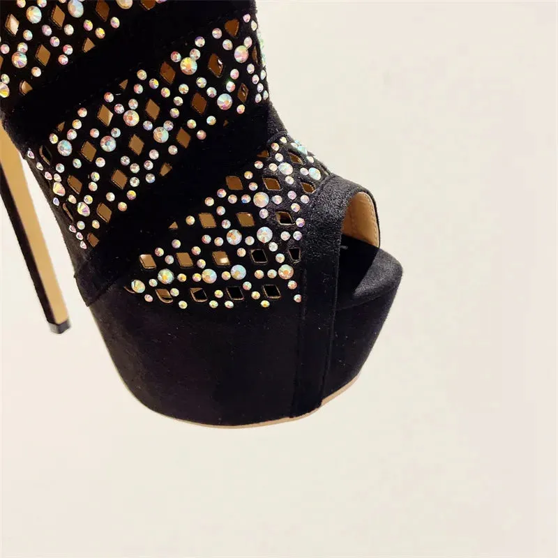 VougeVamp Rhinestone Mesh Ankle Boots - Peep Toe Platform High Heel Booties for Women