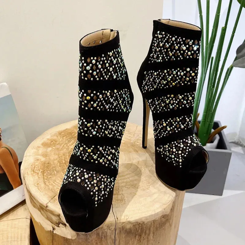 VougeVamp Rhinestone Mesh Ankle Boots - Peep Toe Platform High Heel Booties for Women