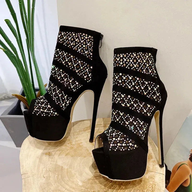 VougeVamp Rhinestone Mesh Ankle Boots - Peep Toe Platform High Heel Booties for Women